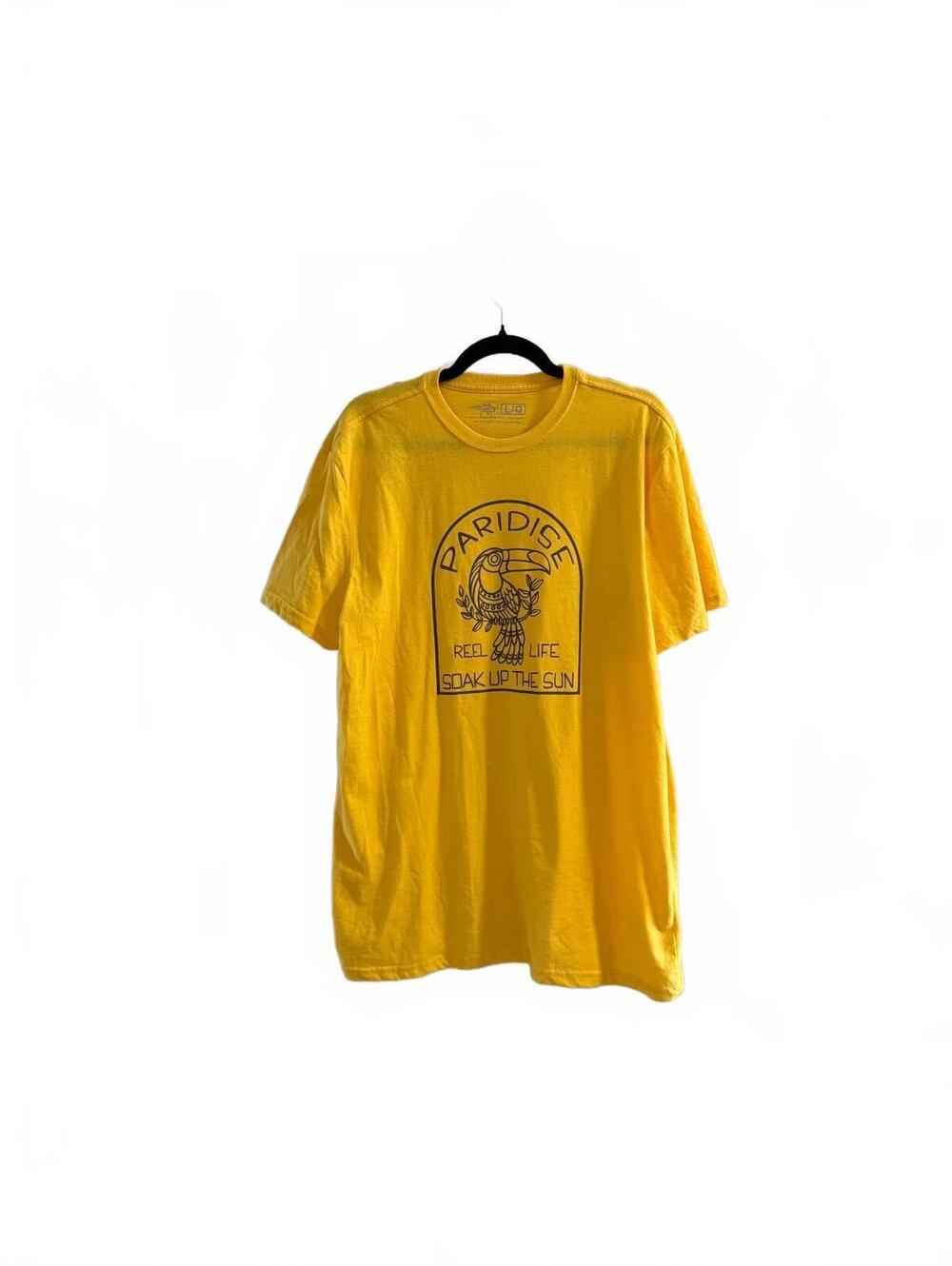 Reel Life Paradise Soak Up the Sun Toucan Graphic T-Shirt Yellow Men’s Large